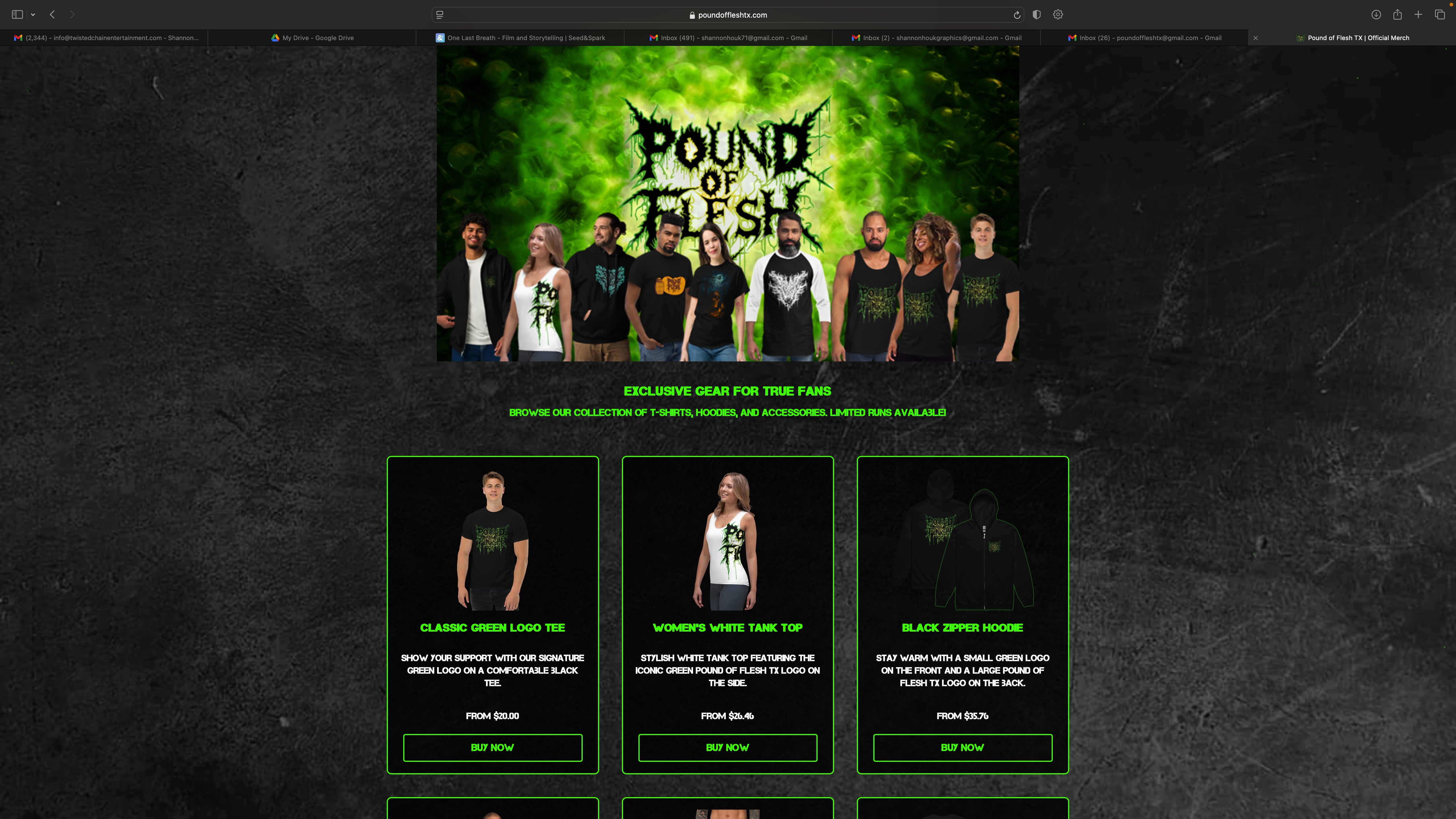 The merch page on the Pound Of Flesh TX Official website
